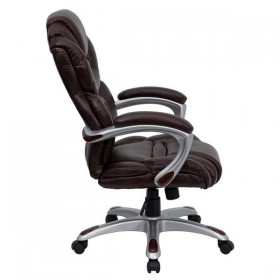 High Back Brown Leather Executive Office Chair with Leather Padded Loop Arms [GO-901-BN-GG]
