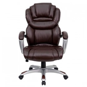 High Back Brown Leather Executive Office Chair with Leather Padded Loop Arms [GO-901-BN-GG]