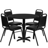 36'' Round Black Laminate Table Set with 4 Black Trapezoidal Back Banquet Chairs [HDBF1001-GG]