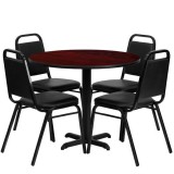 36'' Round Mahogany Laminate Table Set with 4 Black Trapezoidal Back Banquet Chairs [HDBF1002-GG]