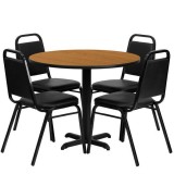 36'' Round Natural Laminate Table Set with 4 Black Trapezoidal Back Banquet Chairs [HDBF1003-GG]