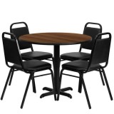 36'' Round Walnut Laminate Table Set with 4 Black Trapezoidal Back Banquet Chairs [HDBF1004-GG]