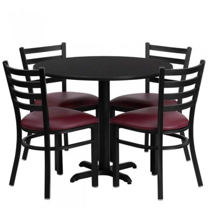 36'' Round Black Laminate Table Set with 4 Ladder Back Metal Chairs - Burgundy Vinyl Seat [HDBF1005-GG]
