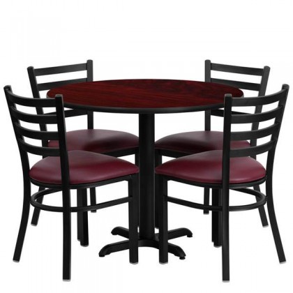 36'' Round Mahogany Laminate Table Set with 4 Ladder Back Metal Chairs - Burgundy Vinyl Seat [HDBF1006-GG]