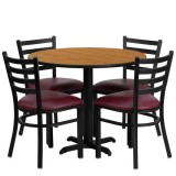 36'' Round Natural Laminate Table Set with 4 Ladder Back Metal Chairs - Burgundy Vinyl Seat [HDBF1007-GG]