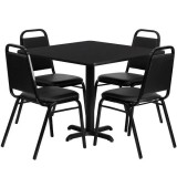 36'' Square Black Laminate Table Set with 4 Black Trapezoidal Back Banquet Chairs [HDBF1009-GG]