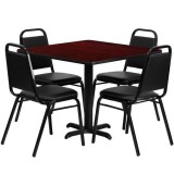 36'' Square Mahogany Laminate Table Set with 4 Black Trapezoidal Back Banquet Chairs [HDBF1010-GG]