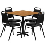36'' Square Natural Laminate Table Set with 4 Black Trapezoidal Back Banquet Chairs [HDBF1011-GG]