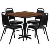 36'' Square Walnut Laminate Table Set with 4 Black Trapezoidal Back Banquet Chairs [HDBF1012-GG]