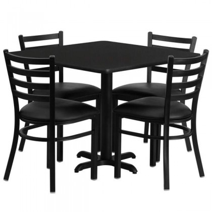 36'' Square Black Laminate Table Set with 4 Ladder Back Metal Chairs - Black Vinyl Seat [HDBF1013-GG]
