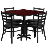 36'' Square Mahogany Laminate Table Set with 4 Ladder Back Metal Chairs - Black Vinyl Seat [HDBF1014-GG]