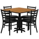 36'' Square Natural Laminate Table Set with 4 Ladder Back Metal Chairs - Black Vinyl Seat [HDBF1015-GG]