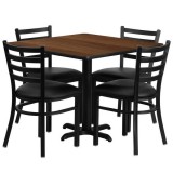 36'' Square Walnut Laminate Table Set with 4 Ladder Back Metal Chairs - Black Vinyl Seat [HDBF1016-GG]