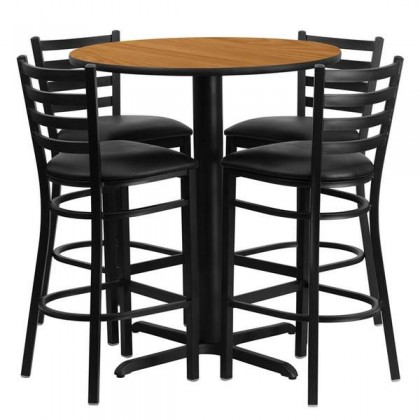 30'' Round Natural Laminate Table Set with 4 Ladder Back Metal Bar Stools - Black Vinyl Seat [HDBF1023-GG]