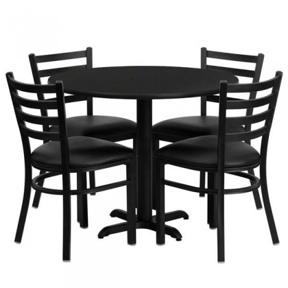 36'' Round Black Laminate Table Set with 4 Ladder Back Metal Chairs - Black Vinyl Seat [HDBF1029-GG]