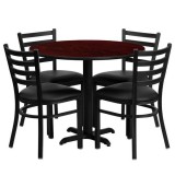 36'' Round Mahogany Laminate Table Set with 4 Ladder Back Metal Chairs - Black Vinyl Seat [HDBF1030-GG]