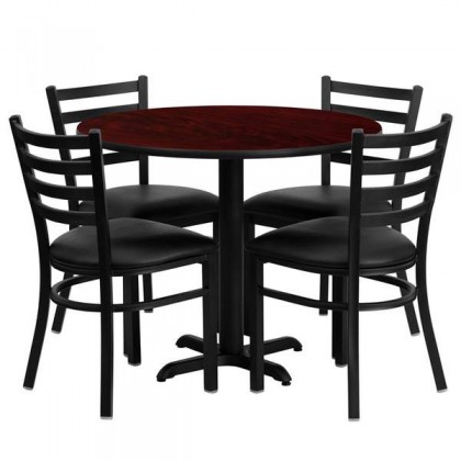 36'' Round Mahogany Laminate Table Set with 4 Ladder Back Metal Chairs - Black Vinyl Seat [HDBF1030-GG]