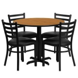 36'' Round Natural Laminate Table Set with 4 Ladder Back Metal Chairs - Black Vinyl Seat [HDBF1031-GG]
