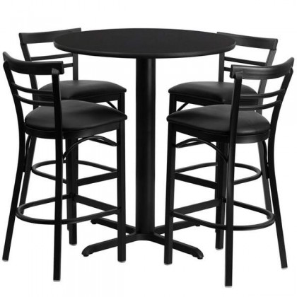24'' Round Black Laminate Table Set with 4 Ladder Back Metal Bar Stools - Black Vinyl Seat [HDBF1033-GG]