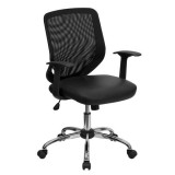 Mid-Back Black Office Chair with Mesh Back and Italian Leather Seat [LF-W95-LEA-BK-GG]