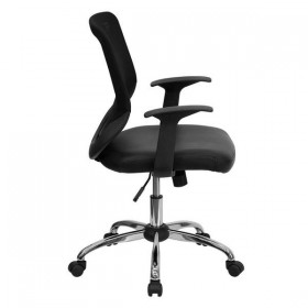 Mid-Back Black Office Chair with Mesh Back and Italian Leather Seat [LF-W95-LEA-BK-GG]