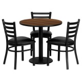 30'' Round Walnut Laminate Table Set with 3 Ladder Back Metal Chairs - Black Vinyl Seat [MD-0002-GG]