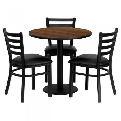 30'' Round Walnut Laminate Table Set with 3 Ladder Back Metal Chairs - Black Vinyl Seat [MD-0002-GG]
