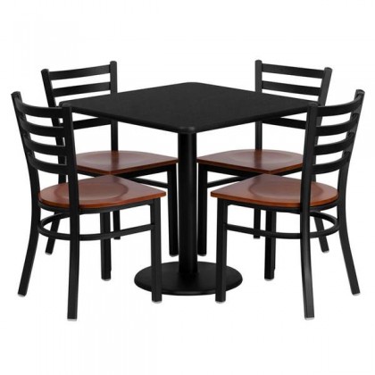 30'' Square Black Laminate Table Set with 4 Ladder Back Metal Chairs - Cherry Wood Seat [MD-0003-GG]