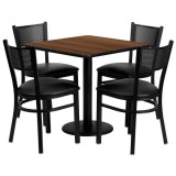 30'' Square Walnut Laminate Table Set with 4 Grid Back Metal Chairs - Black Vinyl Seat [MD-0005-GG]