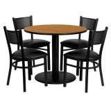 36'' Round Natural Laminate Table Set with 4 Grid Back Metal Chairs - Black Vinyl Seat [MD-0006-GG]