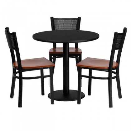 30'' Round Black Laminate Table Set with 3 Grid Back Metal Chairs - Cherry Wood Seat [MD-0007-GG]