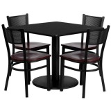 36'' Square Black Laminate Table Set with 4 Grid Back Metal Chairs - Mahogany Wood Seat [MD-0008-GG]