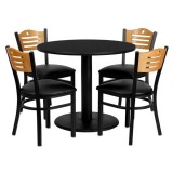 36'' Round Black Laminate Table Set with 4 Wood Slat Back Metal Chairs - Black Vinyl Seat [MD-0009-GG]