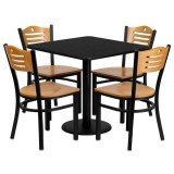 30'' Square Black Laminate Table Set with 4 Wood Slat Back Metal Chairs - Natural Wood Seat [MD-0010-GG]