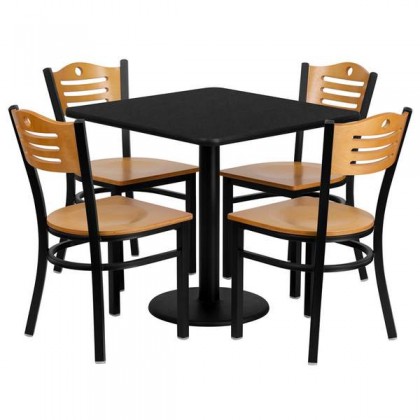 30'' Square Black Laminate Table Set with 4 Wood Slat Back Metal Chairs - Natural Wood Seat [MD-0010-GG]