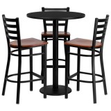 30'' Round Black Laminate Table Set with 3 Ladder Back Metal Bar Stools - Cherry Wood Seat [MD-0013-GG]