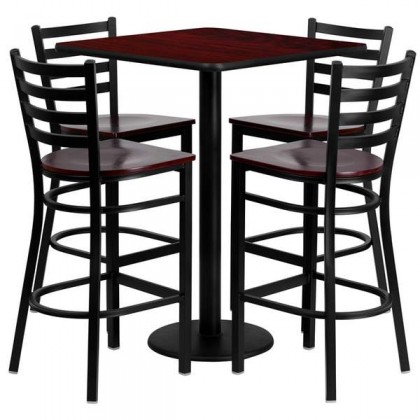 30'' Square Mahogany Laminate Table Set with 4 Ladder Back Metal Bar Stools - Mahogany Wood Seat [MD-0014-GG]