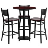 30'' Round Mahogany Laminate Table Set with 3 Grid Back Metal Bar Stools - Mahogany Wood Seat [MD-0017-GG]