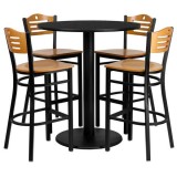 36'' Round Black Laminate Table Set with 4 Wood Slat Back Metal Bar Stools - Natural Wood Seat [MD-0020-GG]