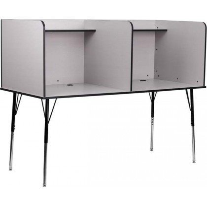 Double Wide Study Carrel with Adjustable Legs and Top Shelf in Nebula Grey Finish [MT-M6222-GRY-DBL-GG]