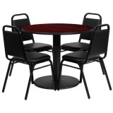 36'' Round Mahogany Laminate Table Set with 4 Black Trapezoidal Back Banquet Chairs [RSRB1002-GG]