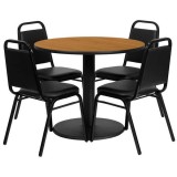 36'' Round Natural Laminate Table Set with 4 Black Trapezoidal Back Banquet Chairs [RSRB1003-GG]