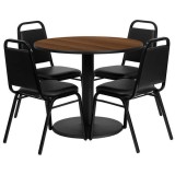 36'' Round Walnut Laminate Table Set with 4 Black Trapezoidal Back Banquet Chairs [RSRB1004-GG]
