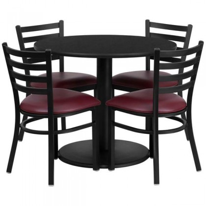 36'' Round Black Laminate Table Set with 4 Ladder Back Metal Chairs - Burgundy Vinyl Seat [RSRB1005-GG]