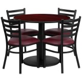 36'' Round Mahogany Laminate Table Set with 4 Ladder Back Metal Chairs - Burgundy Vinyl Seat [RSRB1006-GG]