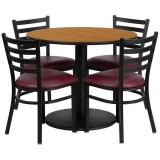 36'' Round Natural Laminate Table Set with 4 Ladder Back Metal Chairs - Burgundy Vinyl Seat [RSRB1007-GG]