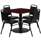 36'' Square Mahogany Laminate Table Set with 4 Black Trapezoidal Back Banquet Chairs [RSRB1010-GG]