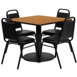 36'' Square Natural Laminate Table Set with 4 Black Trapezoidal Back Banquet Chairs [RSRB1011-GG]