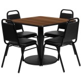 36'' Square Walnut Laminate Table Set with 4 Black Trapezoidal Back Banquet Chairs [RSRB1012-GG]