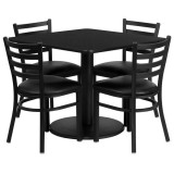 36'' Square Black Laminate Table Set with 4 Ladder Back Metal Chairs - Black Vinyl Seat [RSRB1013-GG]